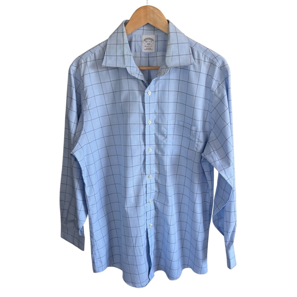 Brooks Brothers Men's Light Blue Windowpane Dress Shirt Regent Fit Cotton 16.5